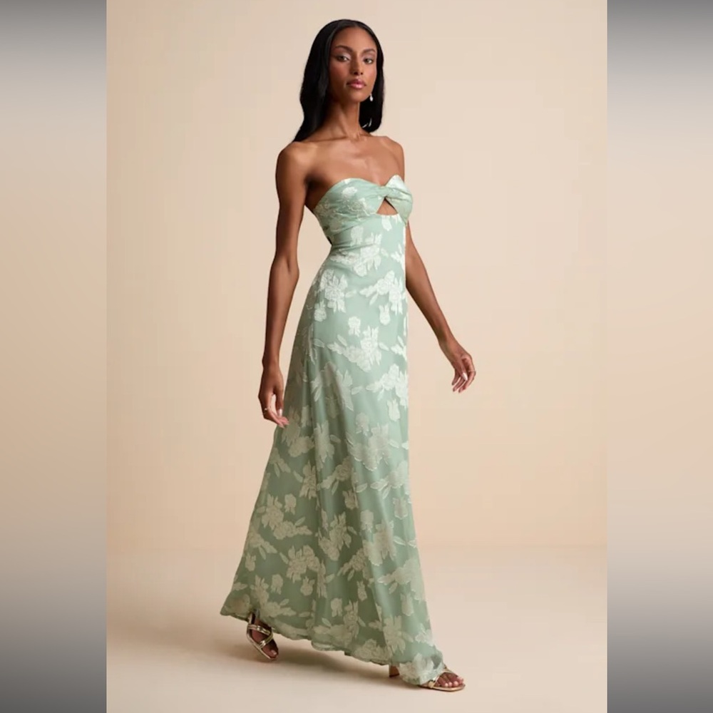 Lulus - Danae Sage Green Floral Jacquard Strapless Maxi Dress